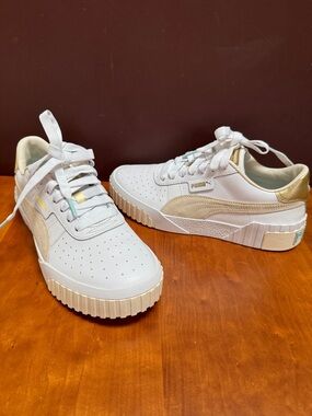 Puma Women's Cali Soft Glow Sneaker - White, Cream & Gold (eggnog) NWOB Size 9